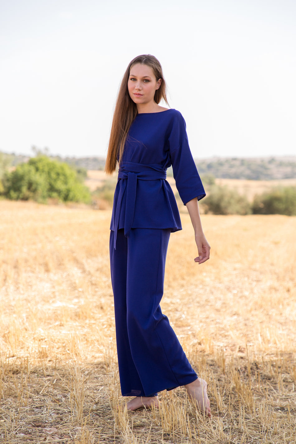 Blusa Orchidea in Crepe di Lana Blu Indaco