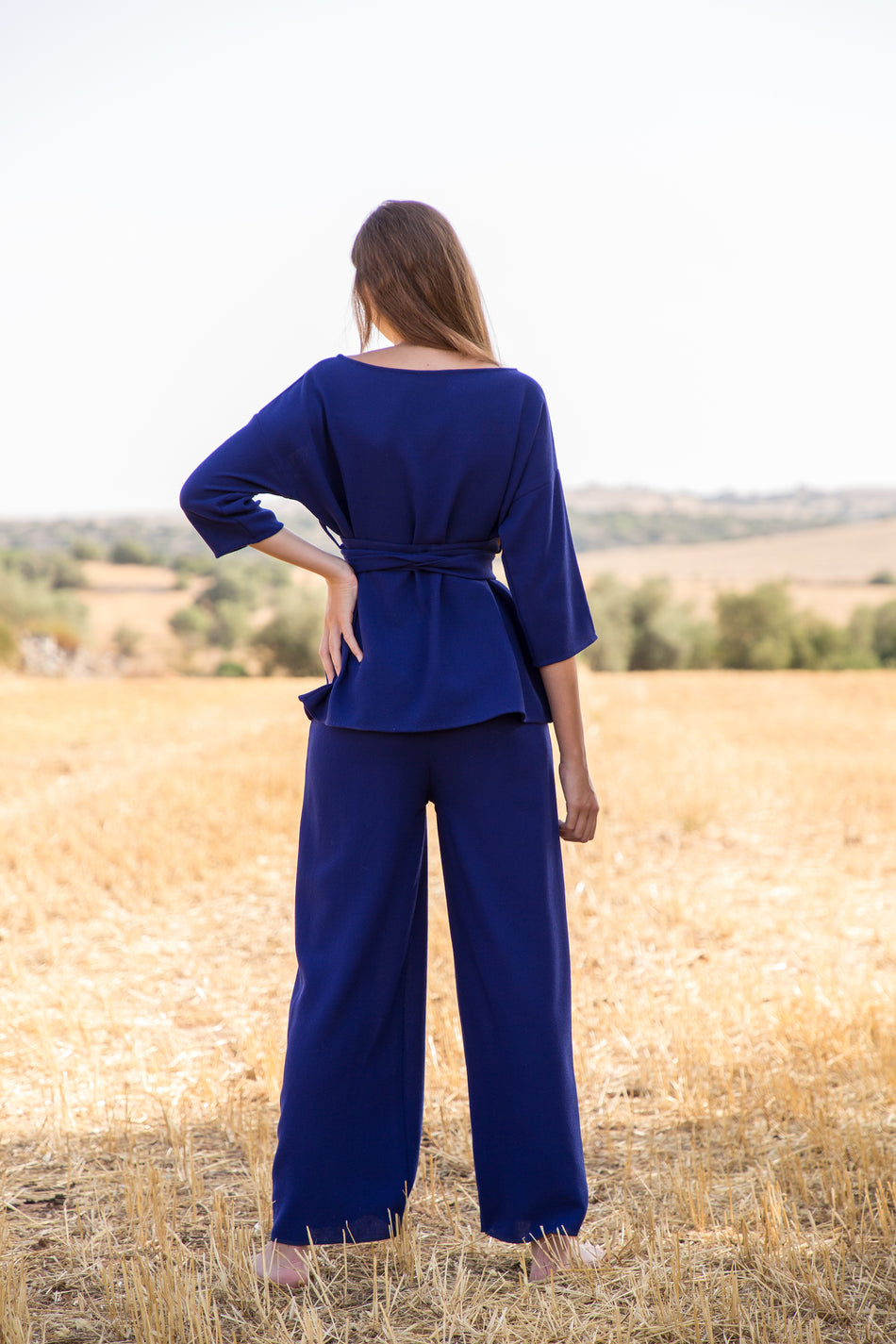 Pantalone in Crepe di Lana Blu Indigo