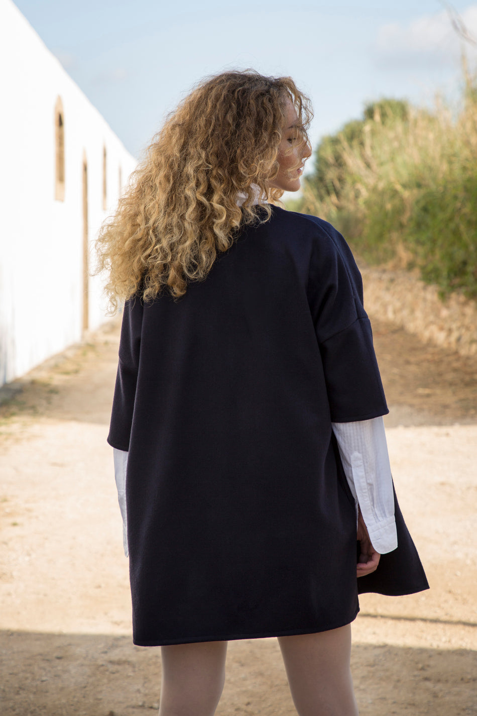 Kimono in Panno di Lana Blu Notte