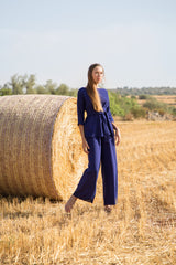 Blusa Orchidea in Crepe di Lana Blu Indaco